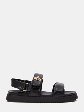Steve Madden Black Leather Sandal with Gold Hardware